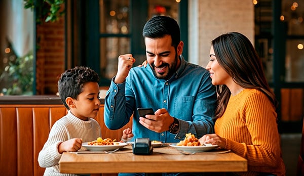 Familia disfrutando de una comida más barata con cupones
