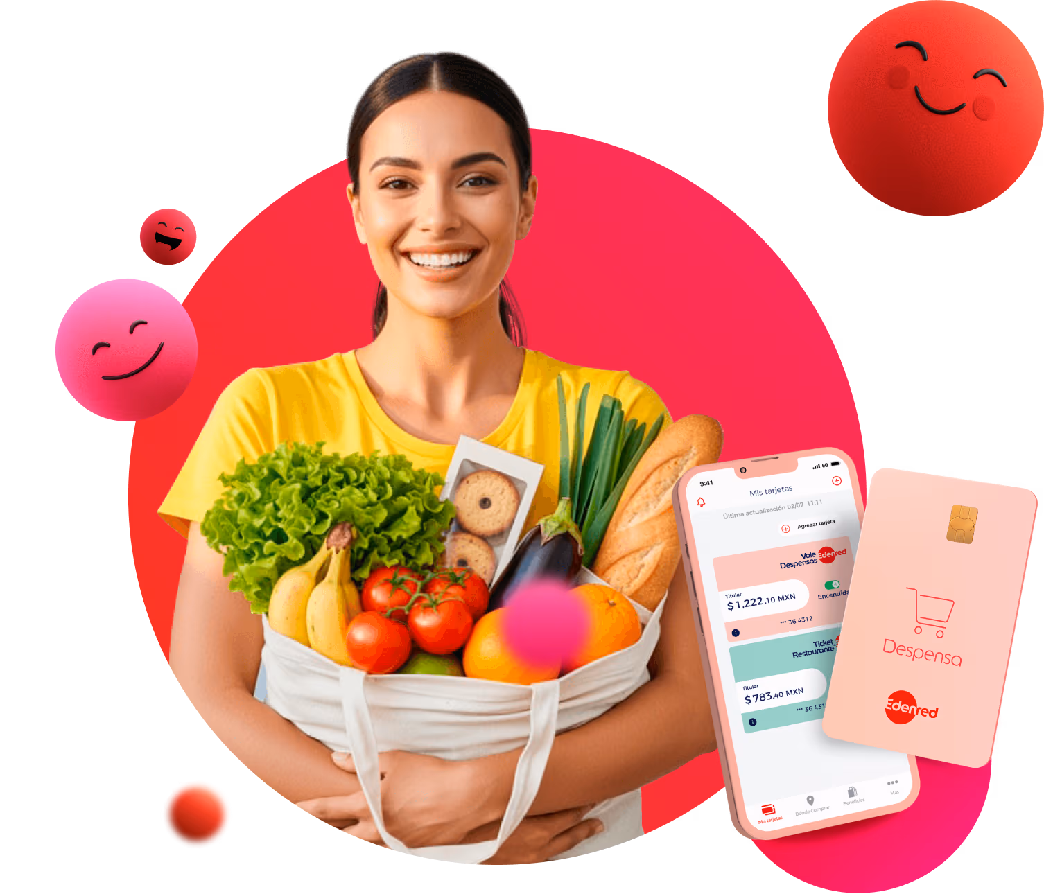 Colaboradores felices usando tarjetas de Despensa Edenred para comprar productos, aprovechando cupones y descuentos en un ambiente moderno y cómodo.